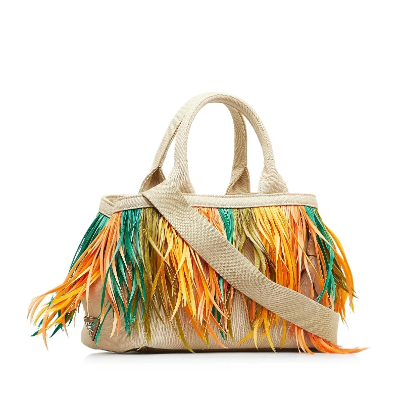 Prada bags with a zip - top closure and multiple interior pockets for organizationPrada Mini Canapa Convertible Canvas and Feather Tote (SHG-bZQuJY)