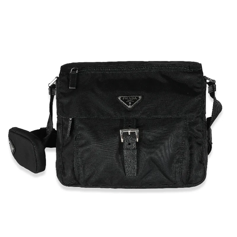 Ladies Prada shoulder bags with a magnetic - closure flap for easy opening and closingPRADA Black Re-Nylon Front Pocket Shoulder Bag