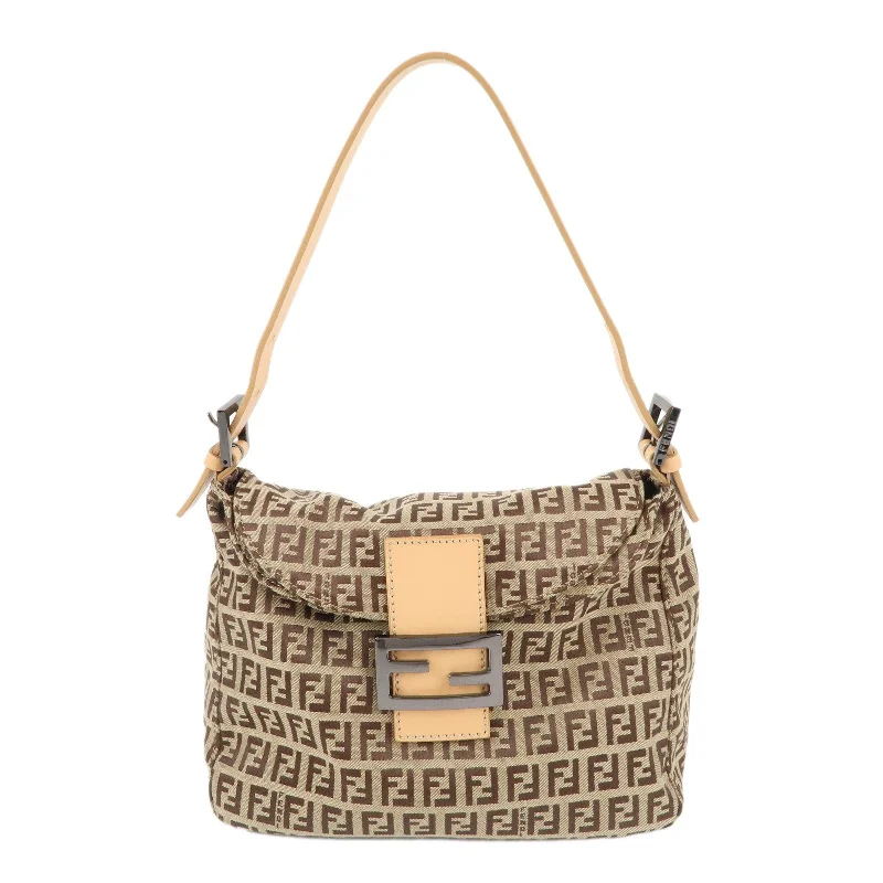 Fendi bags with a detachable makeup pouch inside for beauty - conscious usersFENDI Mamma Baguette Zucchino Canvas Leather Shoulder Bag 8BR004