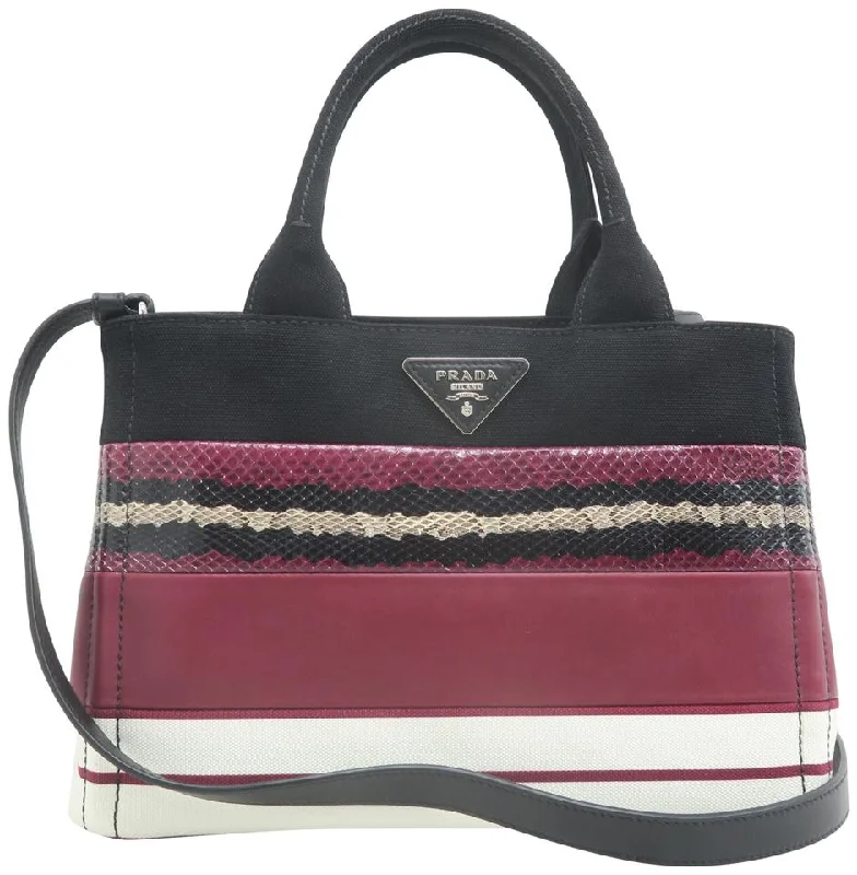 Prada tote bags with a double - handle and shoulder - strap option for easy usePrada Multicolor Canvas Snakeskin and Leather Tote