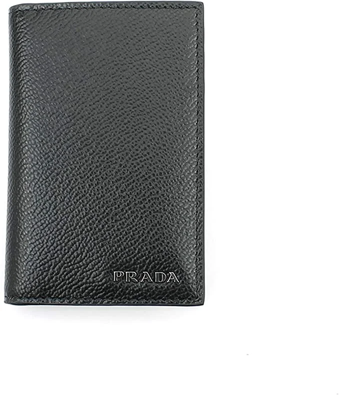 Prada bags with a detachable mirror inside for quick touch - upsPrada Men's Vitello Micro Grain Black Grey Leather Vertical Card Holder 2MC101