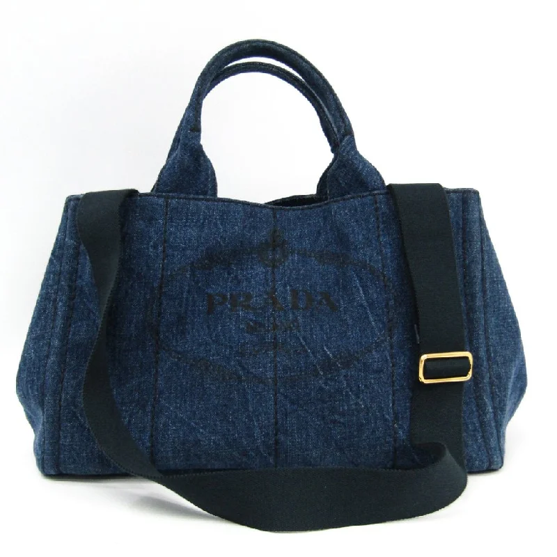 Prada bags with a zip - top closure and multiple interior pockets for organizationPrada Navy Denim Canapa Tote (SHA23505)