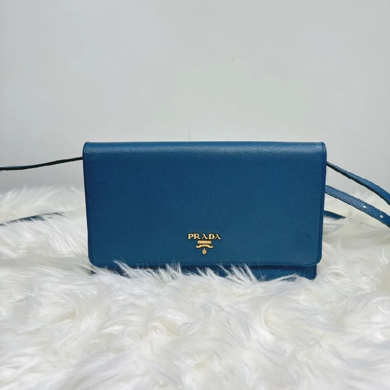 Ladies Prada shoulder bags with a magnetic - closure flap for easy opening and closingPrada Blue Saffiano Leather Crossbody Bag Medium