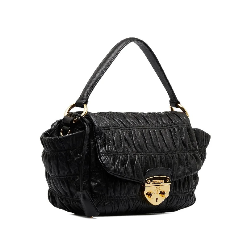 Ladies Prada shoulder bags with a wide - width strap for enhanced comfortPrada Nappa Gaufre Sound Lock Satchel (SHG-ChbyIn)