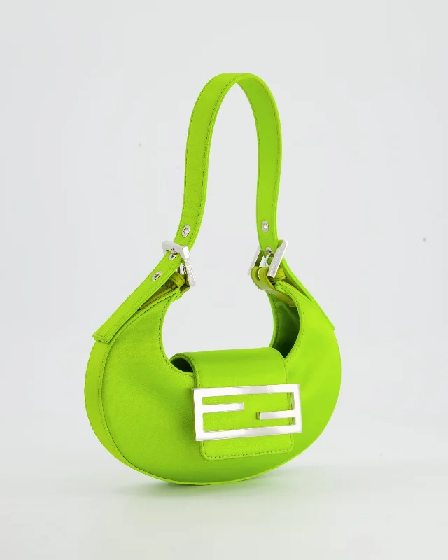 Fendi handbags with a metal - framed clasp for durability and a stylish lookFendi Lime Green Satin Mini Cookie Hobo Bag with Silver Hardware