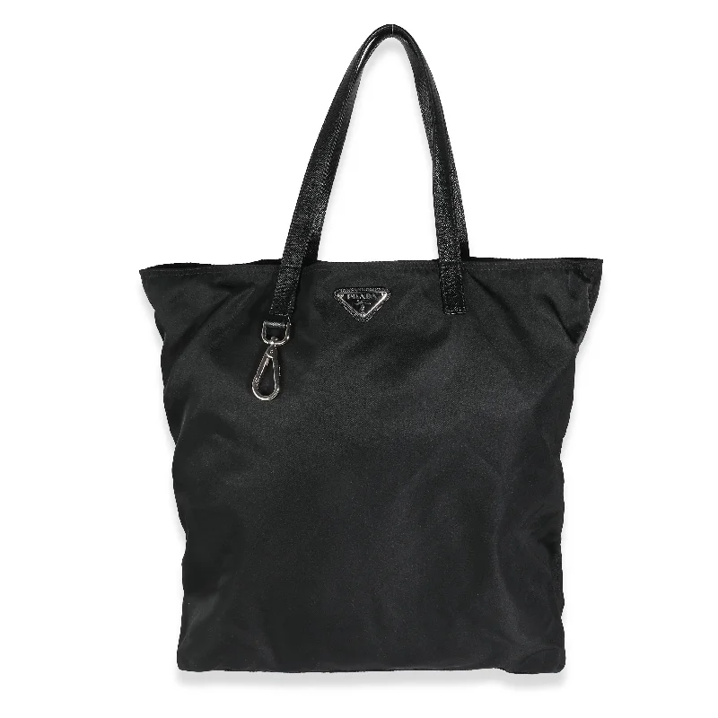 Prada Cleo bags with a curved shape and a chain - link shoulder strapPRADA Black Nylon Logo Shopper Tote