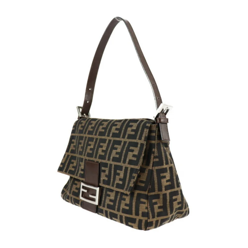 Fendi bags with a front - flap pocket and a turnlock for a classic and elegant aestheticFENDI Mamma Bucket Handbag 2348 26325 008 Canvas Leather Brown Silver Hardware Zucca One Shoulder Bag