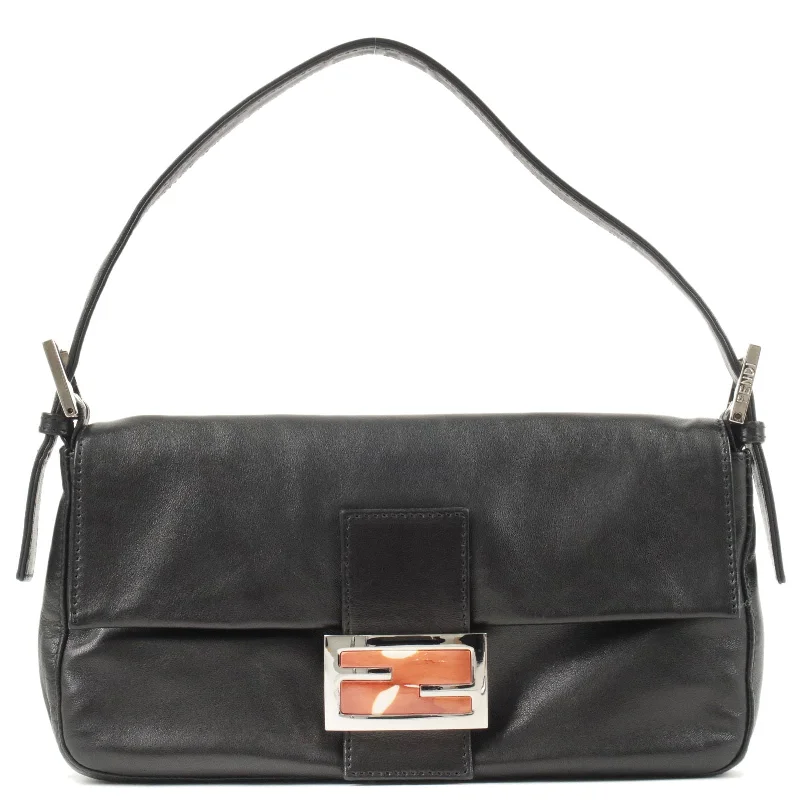 Ladies Fendi crossbody bags with a wide - width strap for enhanced comfort during long - term useFENDI Mamma Baguette Leather Shoulder Bag Purse Black 26424