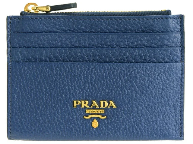 Ladies Prada shoulder bags with a wide - width strap for enhanced comfortPrada Blue Saffiano Leather Card Holder