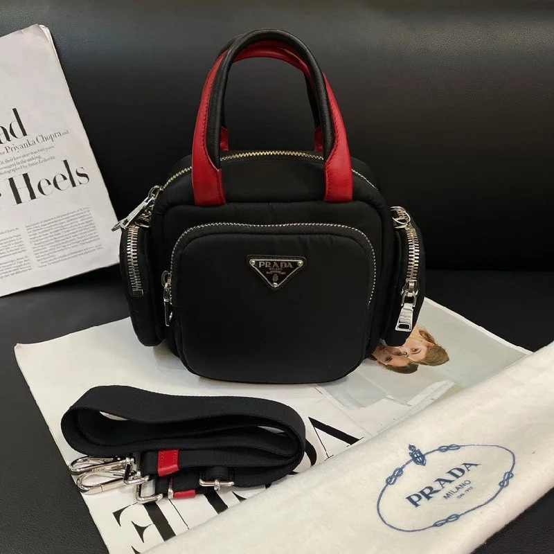 Prada handbags with a metal - framed clasp for durability and stylePrada Red Black Pillow Bag 19cm