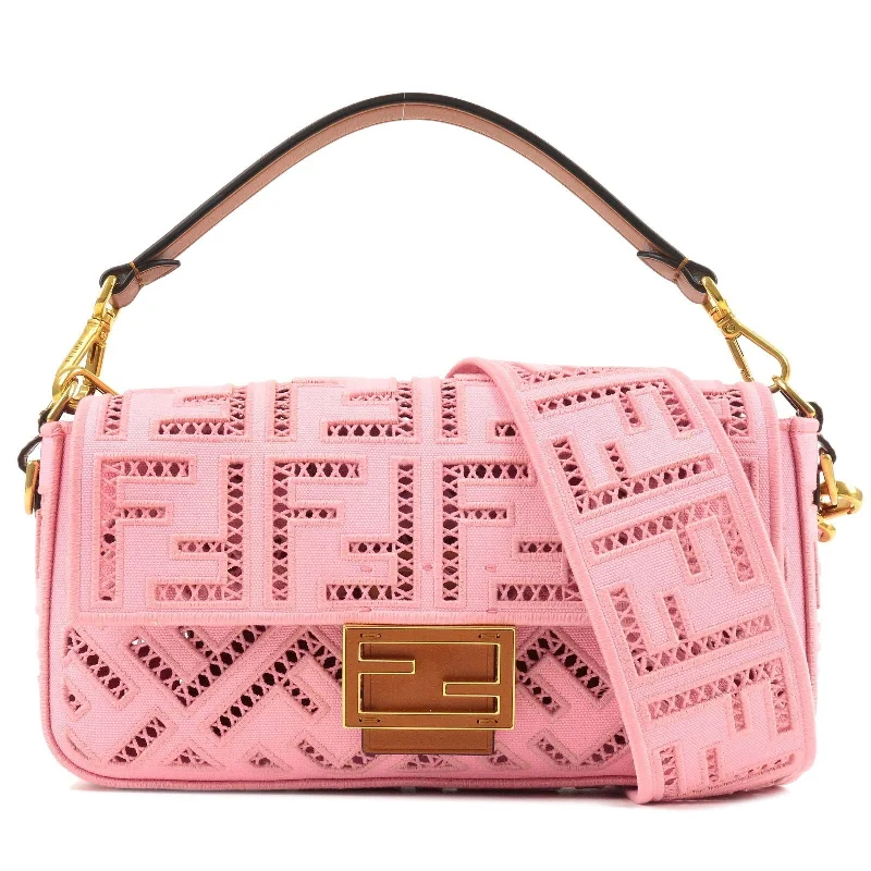 Fendi By The Way bags with a printed map pattern for a travel - inspired lookFENDI Mamma Baguette Canvas Leather Embroidery Shoulder Bag Pink 8BR600