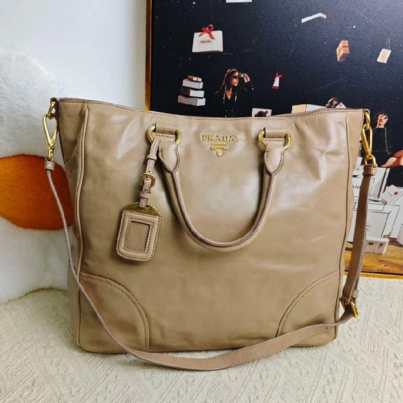 Prada nylon backpacks with a padded back panel for comfort during long - term usePrada Beige Two-Way Leather Tote Bag Medium