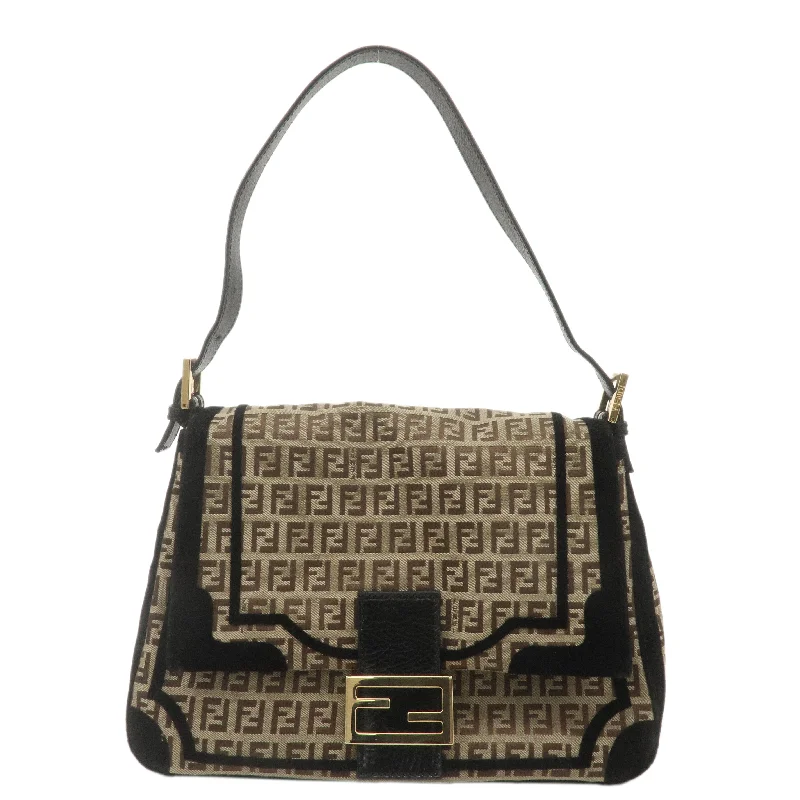 Ladies Fendi shoulder bags with a magnetic - closure flap for easy opening and closingFENDI Mamma Baguette Zucchino Canvas Leather Velour Bag 8BR001