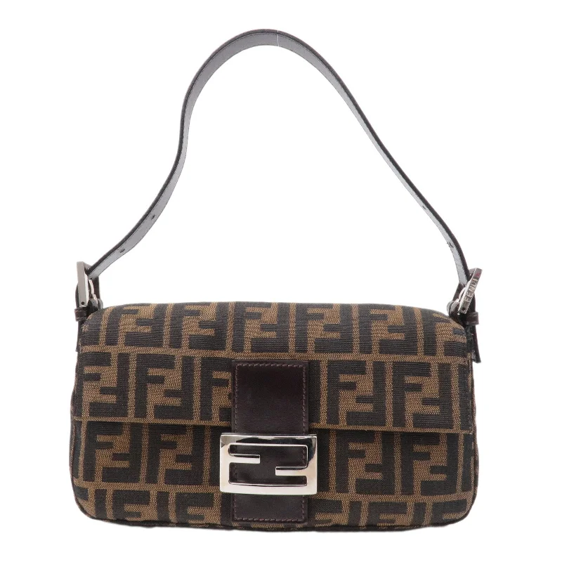 Ladies Fendi Peekaboo bags with a back - pocket organizer for better organizationFENDI Mamma Baguette Zucca Canvas Leather Shoulder Bag Brown 26424