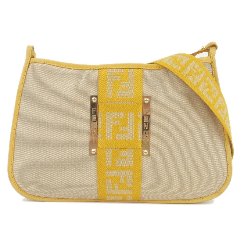 Fendi bags with a patent - leather finish for a shiny and sophisticated appearanceFENDI Logo Canvas Leather Shoulder Bag Beige Yellow 8BT084