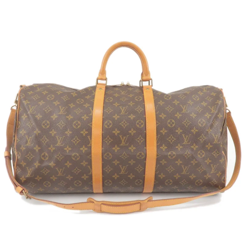 Louis Vuitton tote bags with a printed LV logo on the front for brand visibilityLouis Vuitton Keep All Bandouliere 55 Boston Bag & Strap M41414