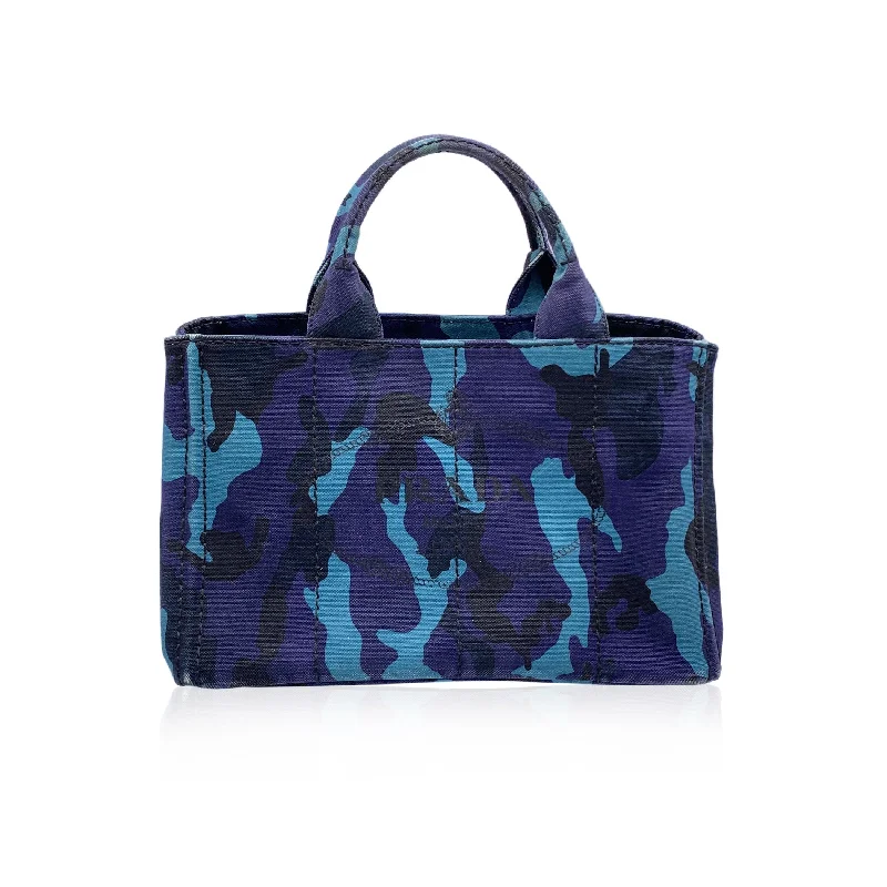 Ladies Prada shoulder bags with a single - handle design for simplicityPRADA Blue Camouflage Canvas Canapa Logo Tote Bag