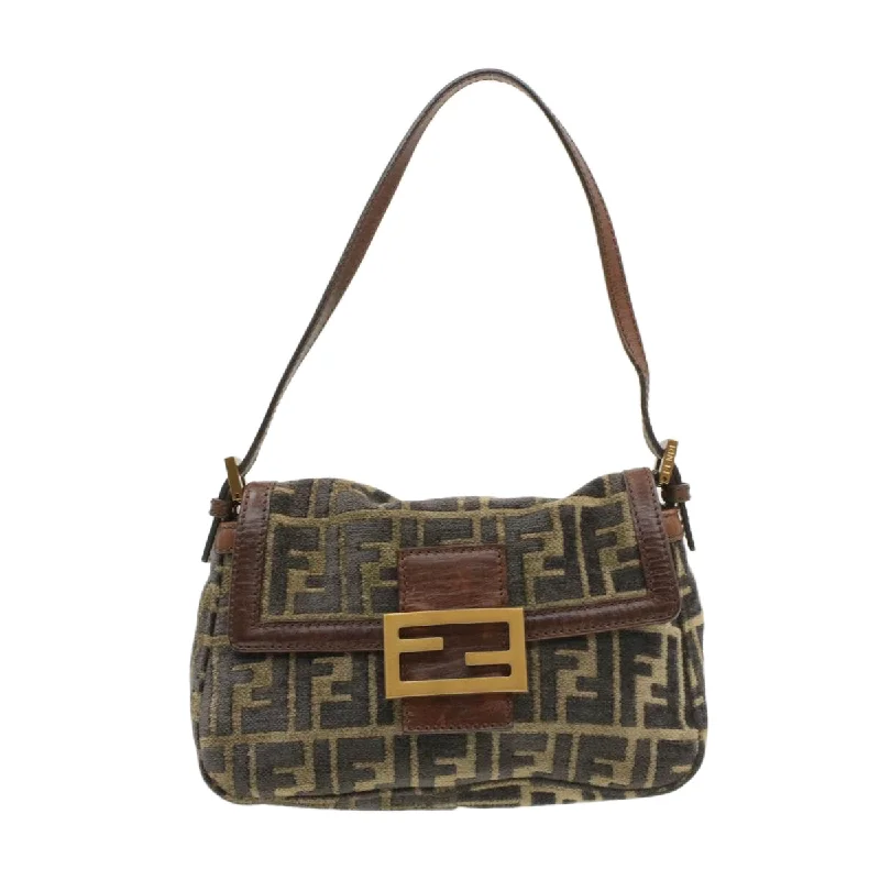 Ladies Fendi Peekaboo bags with a hand - stitched leather handle for artisanal charmFENDI Mamma Baguette Zucca Canvas Shoulder Bag freeze Black Brown  am154b