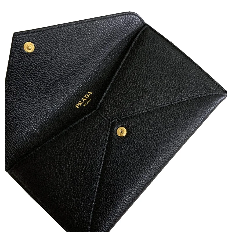 Ladies Prada Re - Edizione 2005 bags with a star - shaped charm for a playful touchPrada Black Vitello Grain Leather Long Envelope Wallet