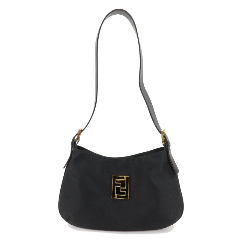 Fendi bags with a magnetic - closure card holder inside for easy access to cardsFENDI Logo Nylon Leather Shoulder Bag Black 15330