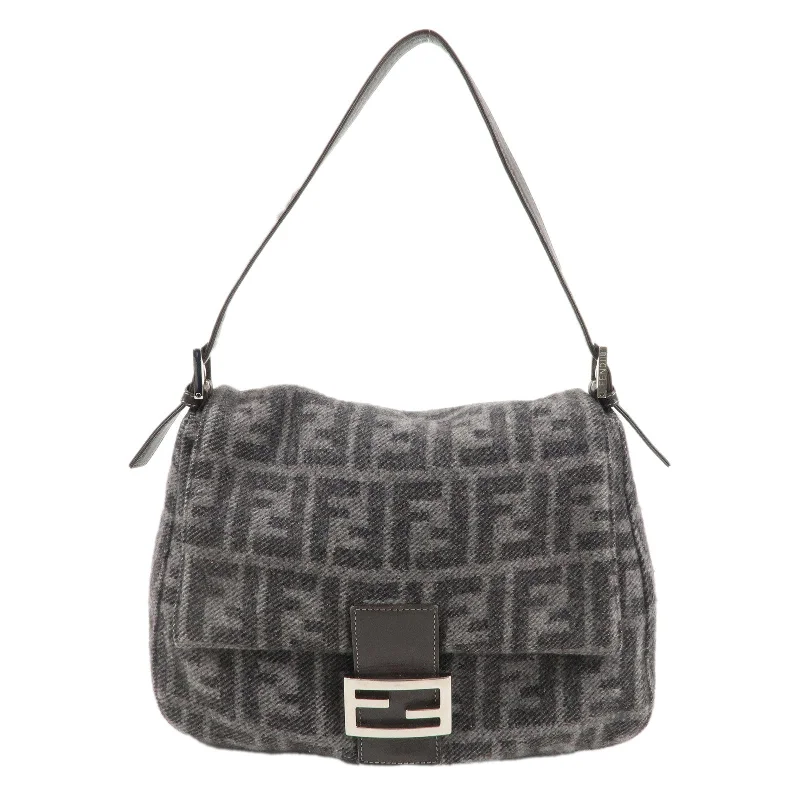 Fendi tote bags with a printed Fendi logo on the front for high brand visibilityFENDI Mamma Baguette Zucca Wool Leather Shoulder Bag 26325