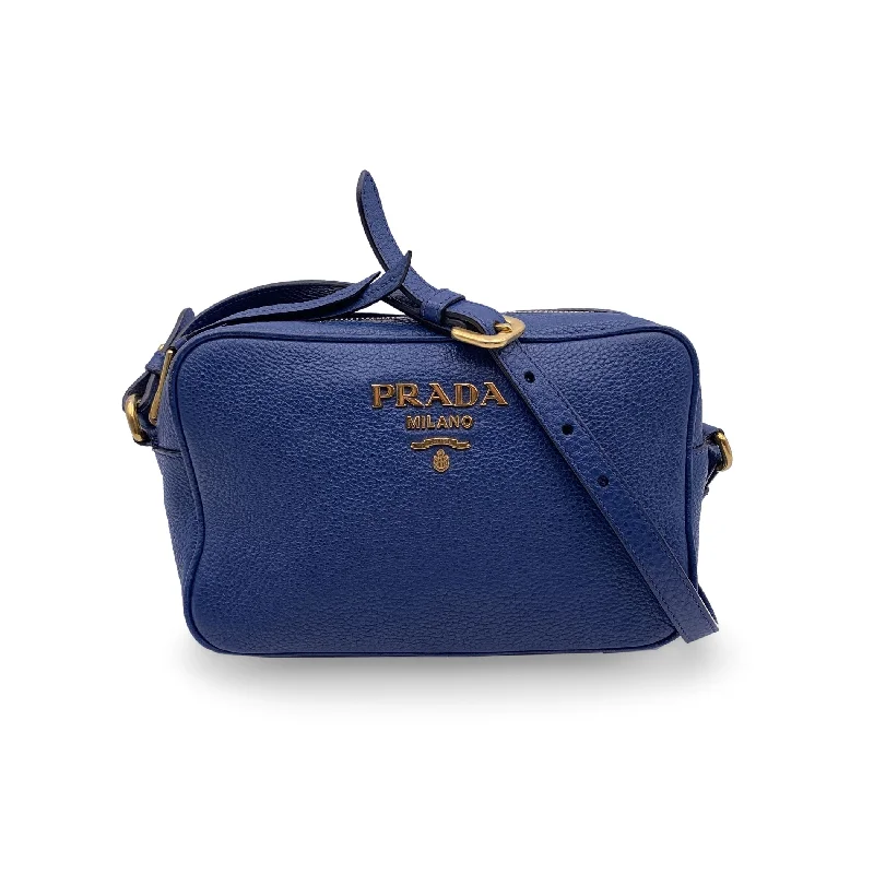 Prada Cleo bags with a contrast - colored interior for visual interestPRADA Blue Vitello Phenix Leather Crossbody Messenger Camera Bag