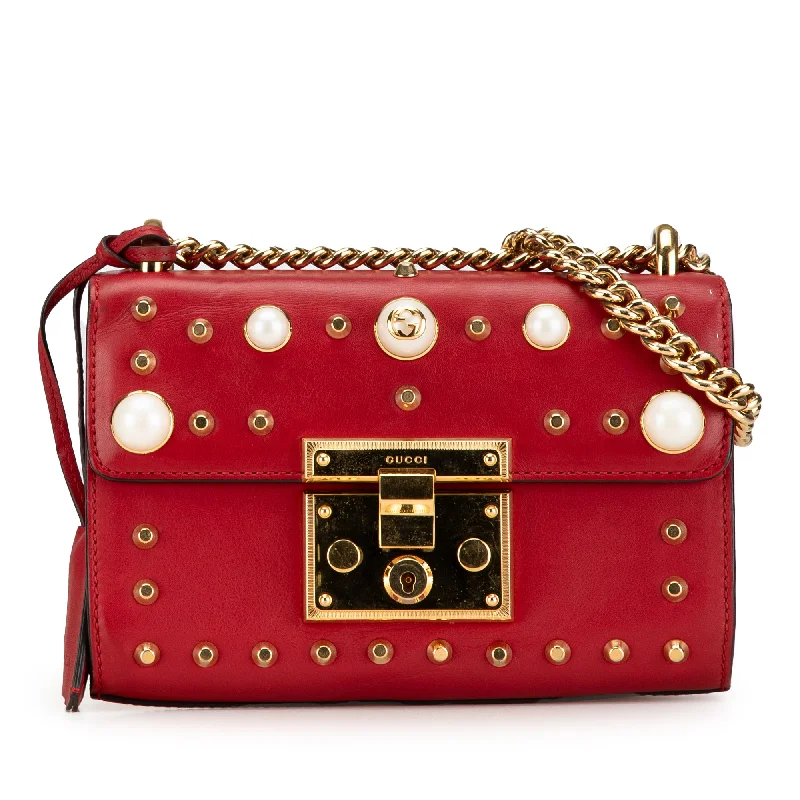 Monogram - Embellished Hermes Bags for a Personalized FlairRed Gucci Small Pearl Studded Leather Padlock Crossbody