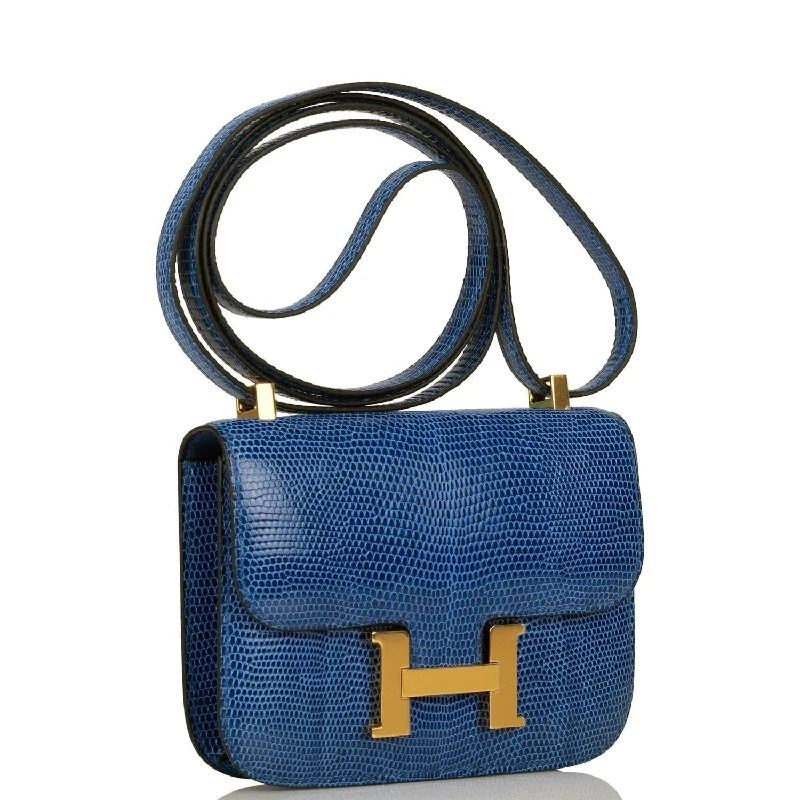 Sequined and Beaded Hermes Bags for Glamorous EventsHermes Micro Constance 14 Bleu Saphir Lizard Niloticus Gold Hardware