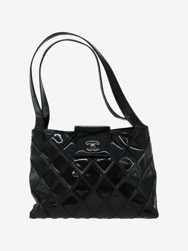 Sparkling Hermes Bags with Diamond - Encrusted AccentsBlack vintage 2000 CC patent diamond quilted tote bag