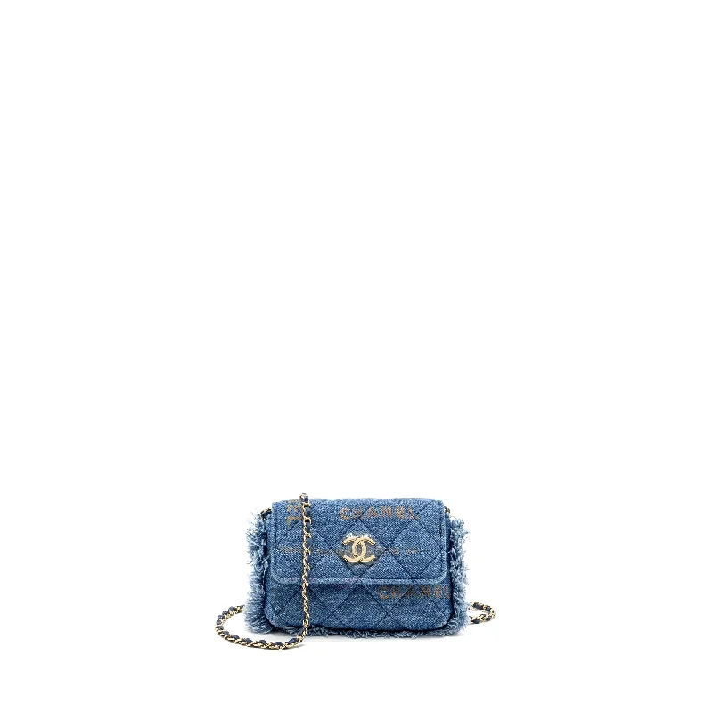 Chanel Small Crossbody Bag for TravelChanel 22p Logo Printed Mini Clutch With Chain Denim Blue/Multicolour LGHW