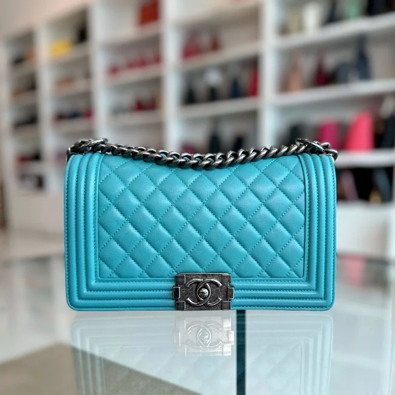 Chanel Luxury Handbag for High - End EventsBoy Old Medium 25cm Lambskin Tiffany Baby Blue No 19