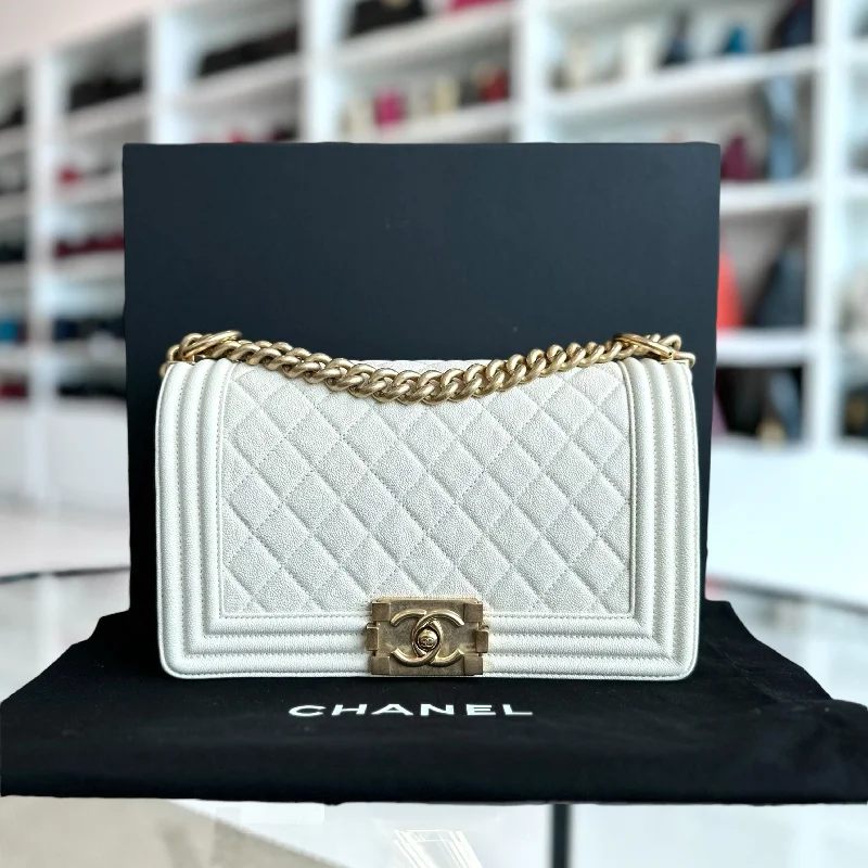 Chanel Designer Handbag with Unique DesignCaviar Boy Old Medium 25CM Quilted Leboy White GHW No 27