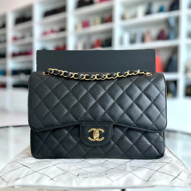 Chanel Chain Strap Handbag for Everyday UseCaviar Double Flap Jumbo Classic Flap Black GHW No 18