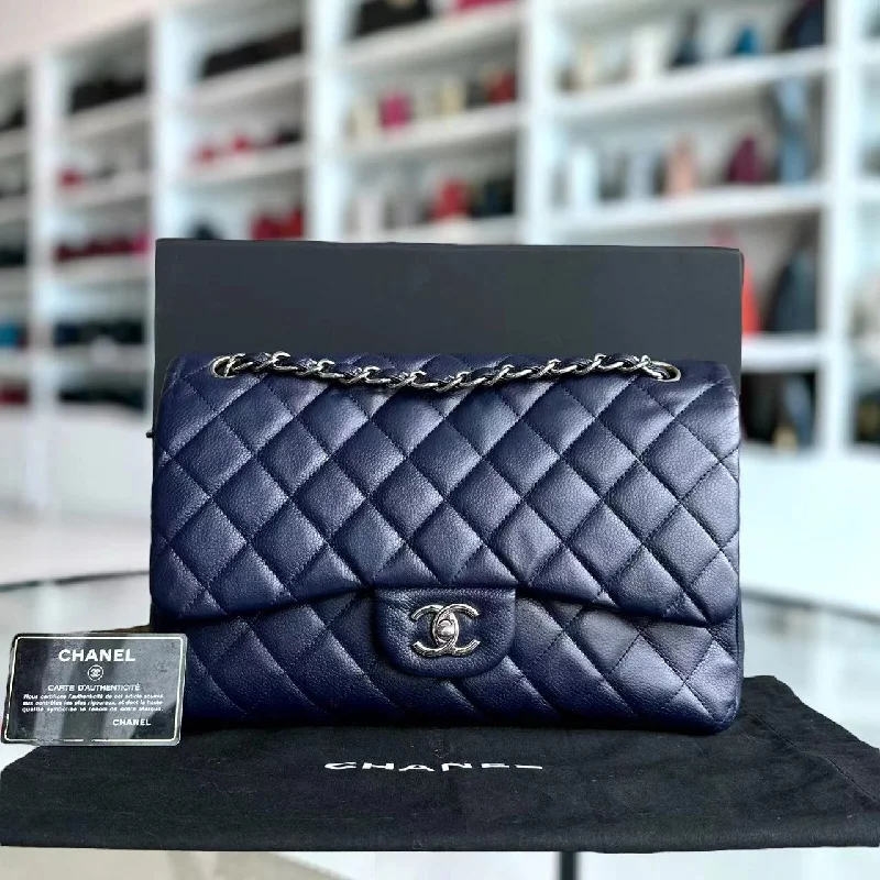 Chanel Medium Tote Bag for Office LadiesCaviar Jumbo Double Flap Classic Flap Quilted Calfskin Navy Blue SHW No 18