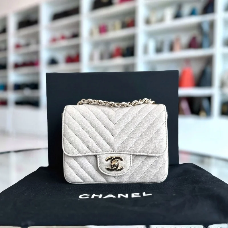 Chanel Handbag with Adjustable Strap for ComfortCaviar Mini Square Classic Flap Chevron White GHW No 26