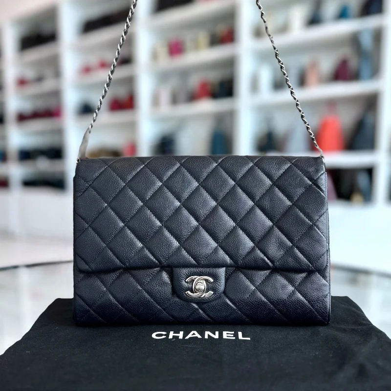 Chanel Quilted Leather Shoulder Bag for FashionistasCaviar Timeless Classic Flap Clutch Calfskin Leather Dark Blue SHW No 18