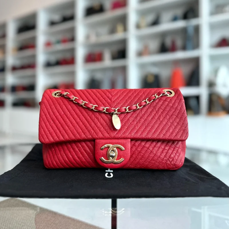 Chanel New Arrival Handbag with Gold HardwareChanel Herringbone - Chevron Medallion Seasonal Flap Red Calfskin AGHW No 21