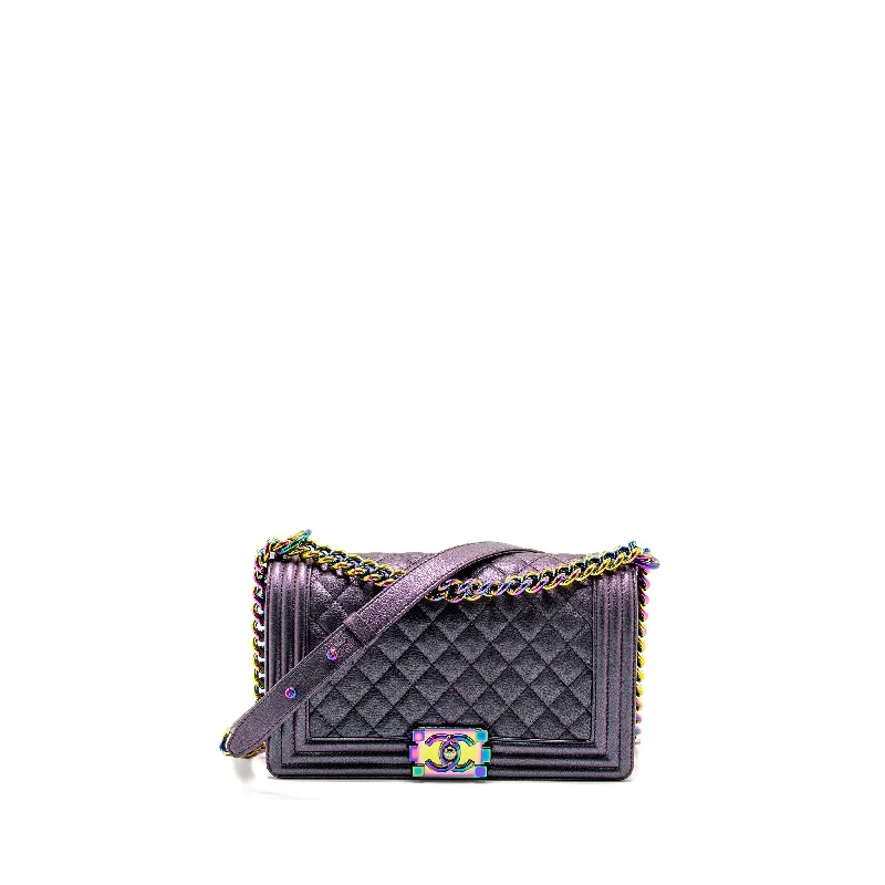 Chanel Quilted Leather Shoulder Bag for FashionistasChanel Medium Boy Bag Goatskin Iridescent Purple Multicolour Hardware