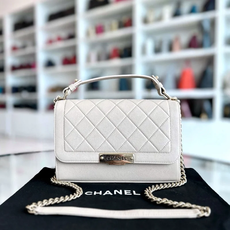 Chanel New Arrival Handbag with Gold HardwareMedium Label Click Flap Quilted Grained Calfskin White Beige GHW No 24