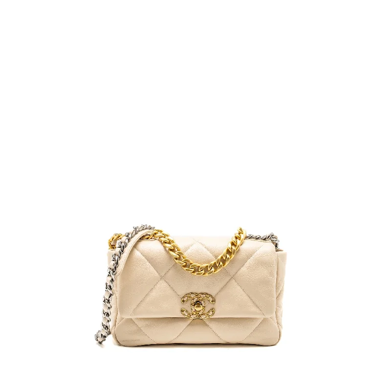 Chanel Luxury Handbag for High - End EventsChanel Small 19 Bag Shiny Goatskin Light Beige Multicolour Hardware