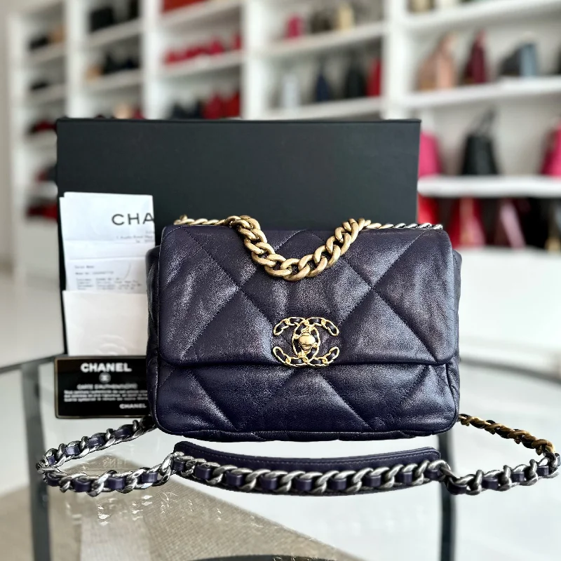 Chanel Quilted Leather Shoulder Bag for Fashionistas*Full Set, Receipt* C19 Small 19 Bag Goatskin Dark Purple 3-Tone 19Bag GHW No 30