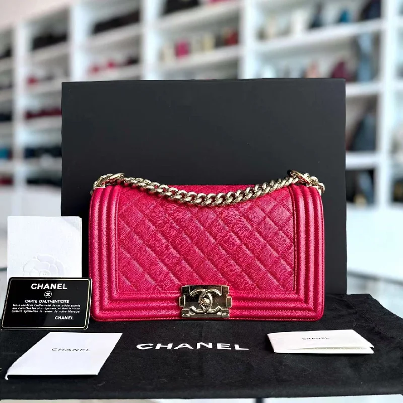 Chanel Designer Handbag with Unique Design*Full Set, Receipt* Caviar Boy Old Medium 25CM Quilted Calfskin Hot Pink GHW LGHW No 23