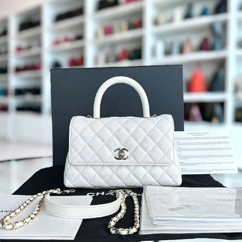 Chanel Handbag with Adjustable Strap for Comfort*Microchip* Caviar Coco Handle Small Quilted Calfskin Microchip White GHW