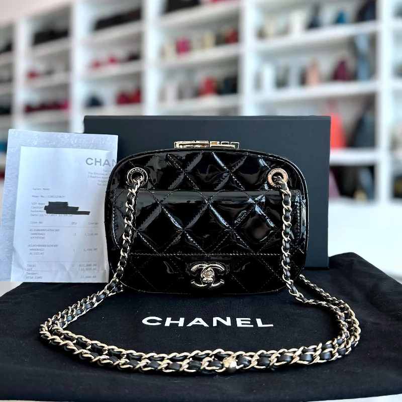 Chanel All - Match Handbag for Versatile Styling*Microchip, Full Set* Chanel 2022/23 Fall Winter Collection Mini Camera Quilted Patent Leather Black GHW